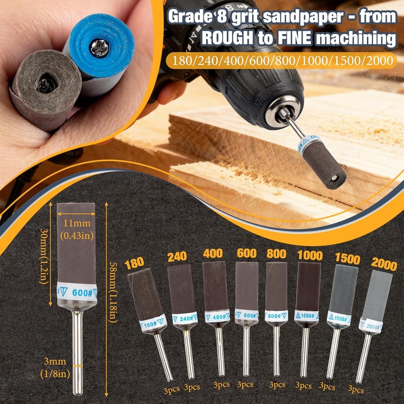 Funria 24Pcs Sanding Drums Sandpaper Sticks Set for Dremel Rotary Tools with 1/8"(3mm) Shank, 180/240/400/600/800/1000/1500/2000 Grits Sanding Bits for Wood Plastic Metal Rust Removal Polishing and Grinding - Image 2